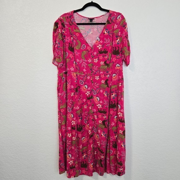 torrid Dresses & Skirts - Torrid 2‎ Pink Leopard Floral Print Midi Dress Button Front V Neck Short Sleeve